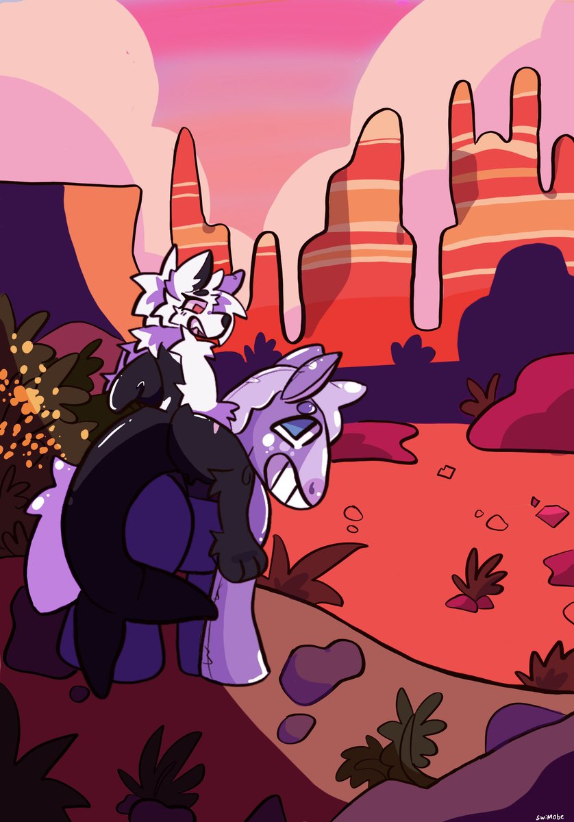 swimobe's tweet photo. Riding in the desert on a horse that kinda squeaks!! 🏜️🌵🐎

Artfight attack on: @StagSteak https://t.co/VIrLc8oG1b