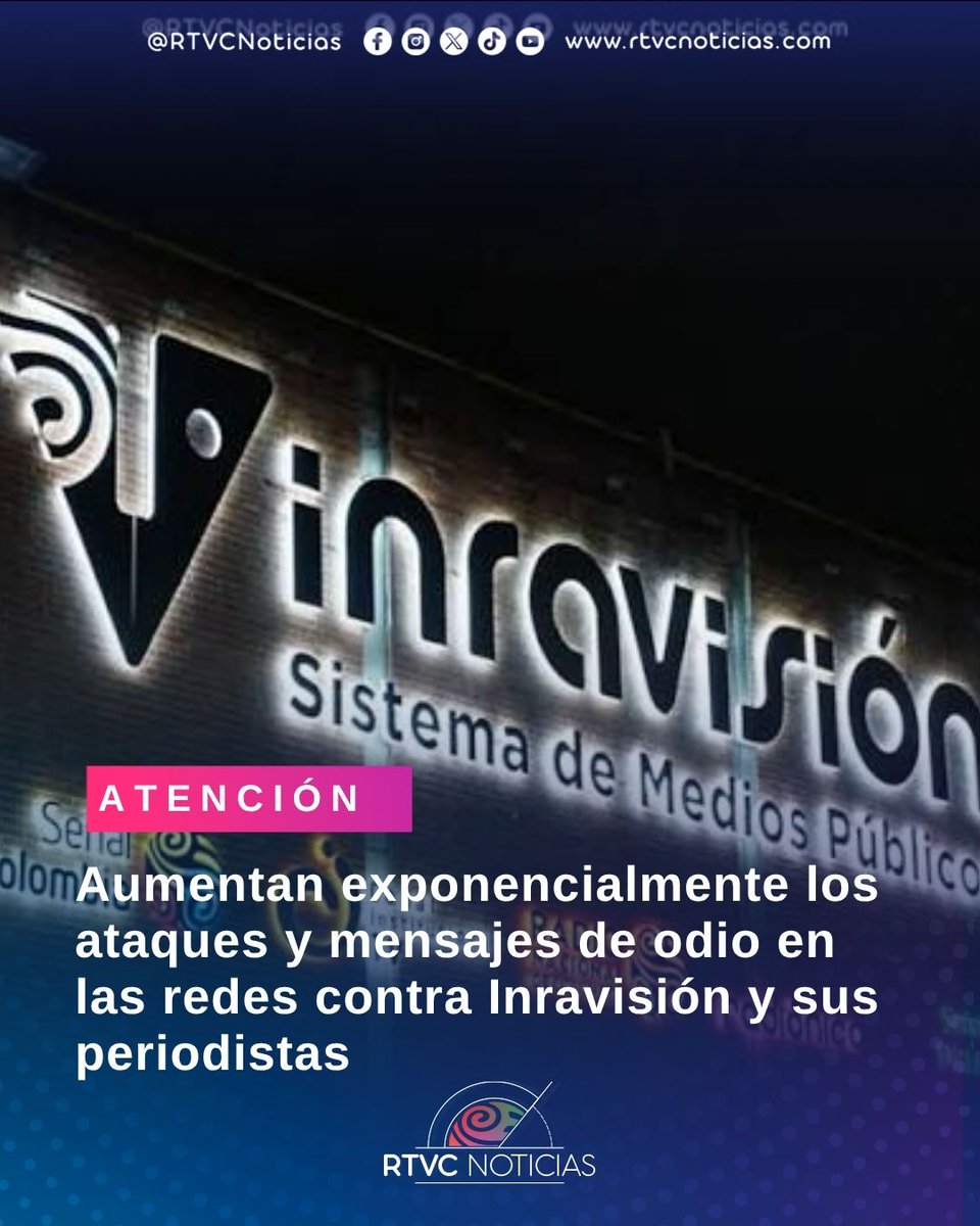 RTVCnoticias's tweet photo. ⚠️ #ATENCIÓN 🚨 Desde la época electoral se ha evidenciado una constante circulación de publicaciones en redes sociales con mensajes de odio, amenazas y expresiones que promueven la violencia contra trabajadores de Inravisión y del Sistema de Medios Públicos. https://t.co/GLf9y6btqY