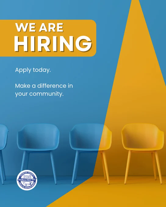 Blue and yellow background with empty chairs and text inviting applications to make a community impact.