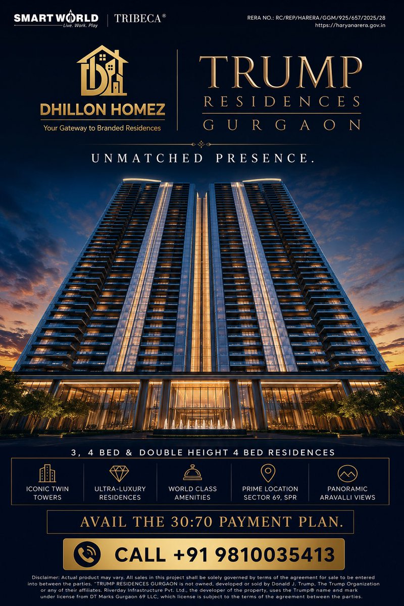 dhillonhomez's tweet photo. Finest Branded Residences in Gurgaon , After a Mega success of Trump Towers now it’s time for Trump Residences coming up on Sector 69 Gurgaon SPR . 
Don’t miss the chance this time. 

Do contact us for Best Deals

Ranbir Singh Dhillon | +91 9810035413
#trumpresidences #gurgaon https://t.co/RGIqoT443T