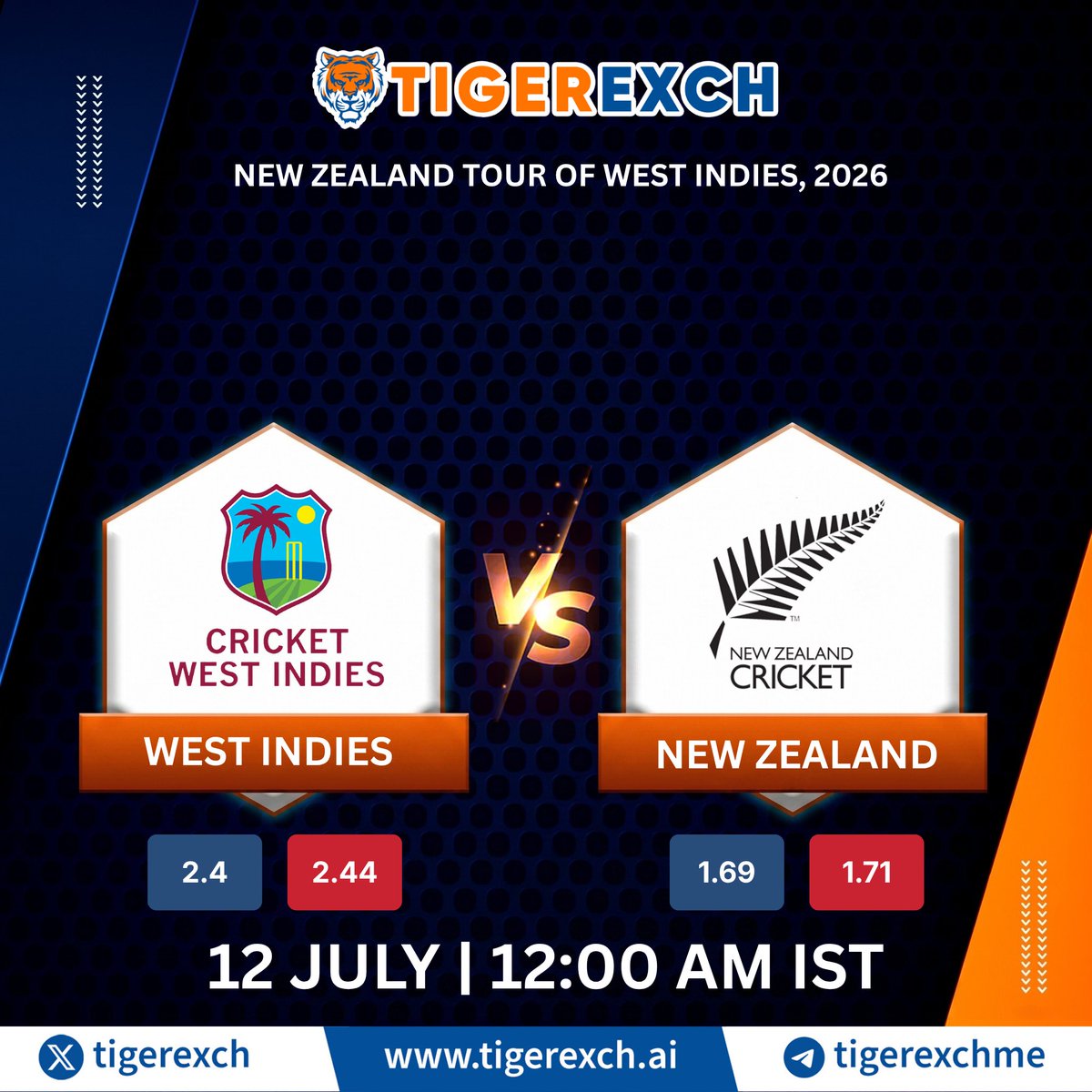 tigerexch's tweet photo. West Indies vs New Zealand. 

Nz opens favourite 69p 

Straight match or another jackpot? Who knows, find out on Tiger Exchange🐯

Match Day Exclusive Offers:
✨10% Joining Bonus (Instant)
✨ 3% USDT Deposit Bonus
✨ 3% Weekly Lossback
✨ 2% Bonus On Daily First Bank Deposit 

Test your knowledge and play smart on https://t.co/i4DC0HSbk1 

Whatsapp for ID
https://t.co/2vbh2XUuT6