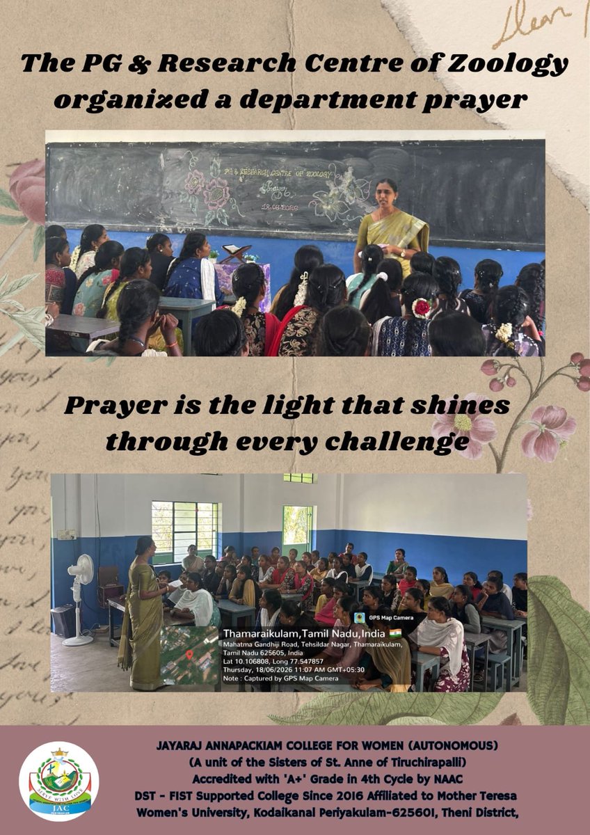 JayarajFor's tweet photo. The PG &amp; Research Centre of Zoology organized a department prayer for students on 18.06.2026 at 11:00 AM. The event was held in Room No. 58.
#jayarajannapackiamcollegeforwomenautonomous #JAC #college #clg https://t.co/4VSGUQ5lDs