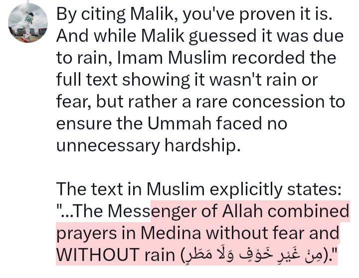NotABot910's tweet photo. @random456796839 @Abuhurairabfd @ibnalbukhari__ No one is arguing for a 'generic daily license to merge prayers whenever we feel like it', that's a strawman. 

We are discussing whether Jam' Haqiqi is valid outside of Hajj 👇 https://t.co/eWFcay57Ox
