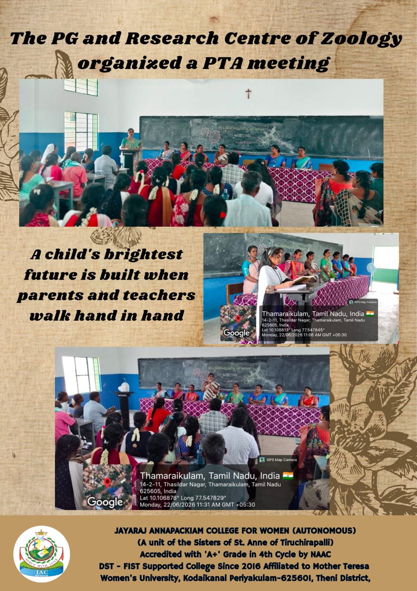 JayarajFor's tweet photo. The PG and Research Centre of Zoology organized a PTA meeting for I UG and I PG students on 22 June 2026 at 11:00 a.m., in Room No. 58
#jayarajannapackiamcollegeforwomenautonomous #JAC #college #clg https://t.co/fDDHS4XlQ4