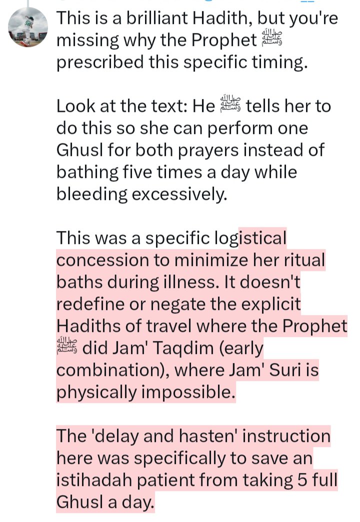 NotABot910's tweet photo. @random456796839 @Abuhurairabfd @ibnalbukhari__ No one denies Jam' Suri exists. The Prophet ﷺ clearly prescribed it here to alleviate the burden of performing Ghusl for a chronically bleeding woman 👇 https://t.co/TBCs5rQ16n