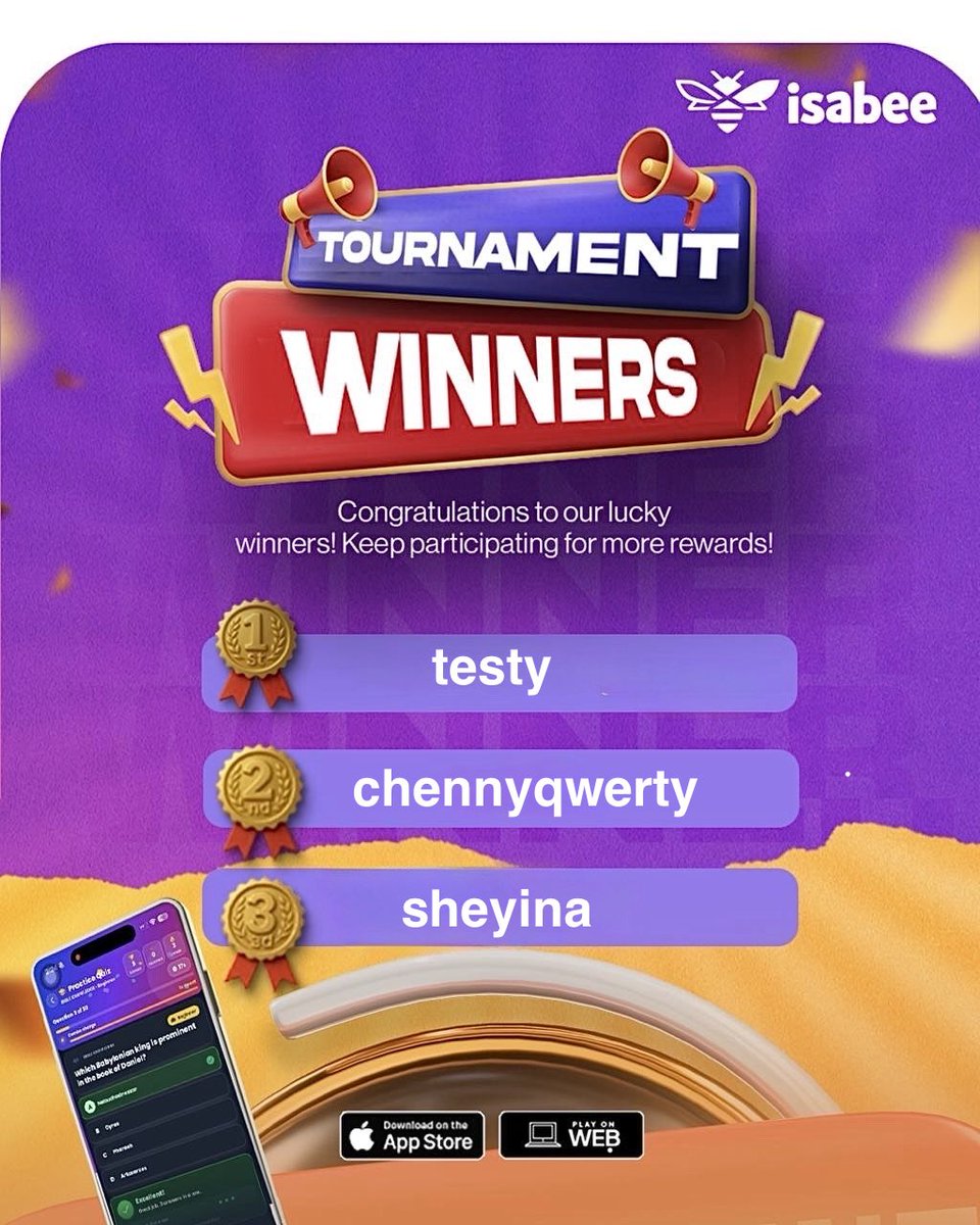 IsabeeTrivia's tweet photo. Here are our winners for this week’s tournament! 

Congratulations to our Trivia winners! 

Download the app today and you too could be a winner. 

Happy Isabee Weekend to everyone!

#Isabee #TriviaChampion #TriviaTournament #WeekendWinner #QuizGame #PlayAndWin #BrainChallenge #NaijaGames #TriviaLovers