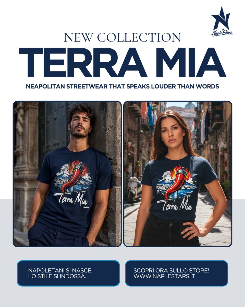 NapleStars's tweet photo. "Colori, calore e stile.
Immergiti nell'atmosfera di Napoli con la nuova linea di abbigliamento 'Terra Mia'."
👉 Clicca per vedere tutta la collezione.
#TerraMia #NapleStars #StreetwearNapoletano #Napoli #MadeInNaples https://t.co/DGBMREXhA0