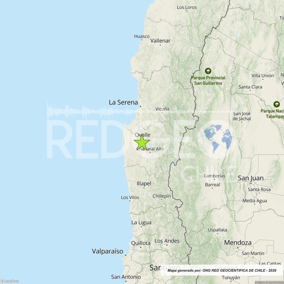 RedGeoChile's tweet photo. REVISADO ⚠️ | Un sismo de magnitud 3.6 (Mlv) ocurrió a las 11:56:11 horas de hoy, sábado 11 de julio de 2026, a 7 km al sur de Ovalle (región de Coquimbo), con una profundidad de 59 kilómetros (Fuente: CSN).

🚩 Lista de intensidades en la escala de Mercalli Modificada:

Vicuña: II-III*
Coquimbo: II*

Fuente: (*) Red de Informantes Mercalli de RedGeoChile.
