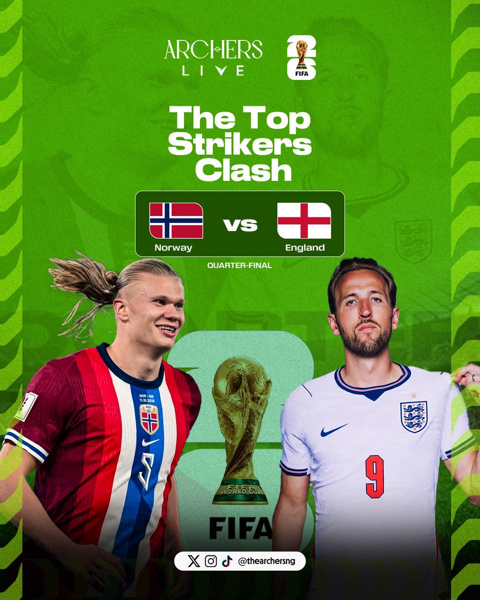 Thearchersng's tweet photo. The battle of the No. 9s. 🇳🇴⚔️🏴󠁧󠁢󠁥󠁮󠁧󠁿 
Haaland vs Kane.
ONE SEMI FINALS SPOT 🔥 
Who scores first, and who goes through? #FIFAWorldCup #NORENG https://t.co/6CkGPVqGup
