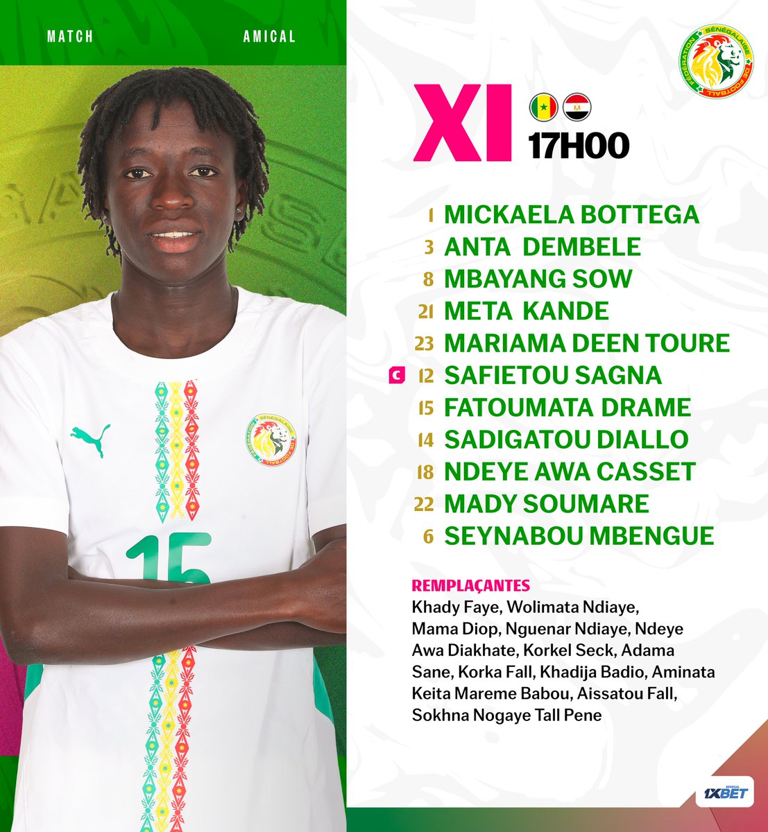 Fsfofficielle's tweet photo. 📋 Notre onze de départ contre l'Egypte
⏰ Coup d'envoi : 17h00 GMT

#SENEGY | #FriendlyGame https://t.co/wXRWPIvkmx