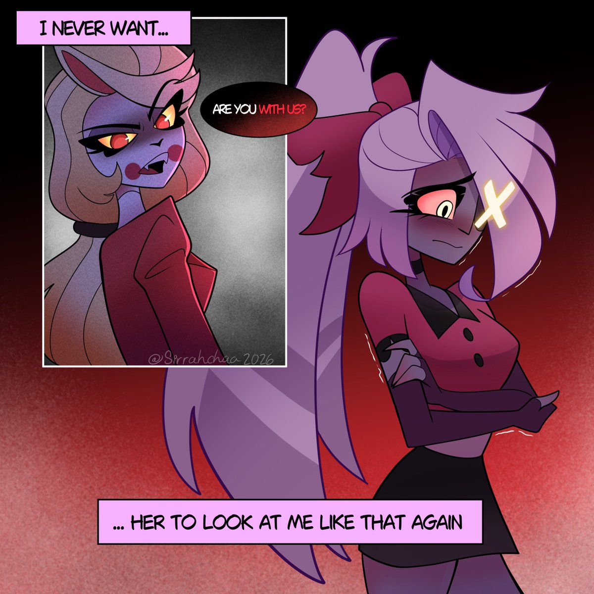 Sirrahchaa's tweet photo. #VaggiWeek2026 Day 3: Angst 💔🎀

I wish we'd gotten more time to explore the season 1 fight. How Vaggi felt when Charlie had to question if she was on their side or not... https://t.co/4KMWF3COoH