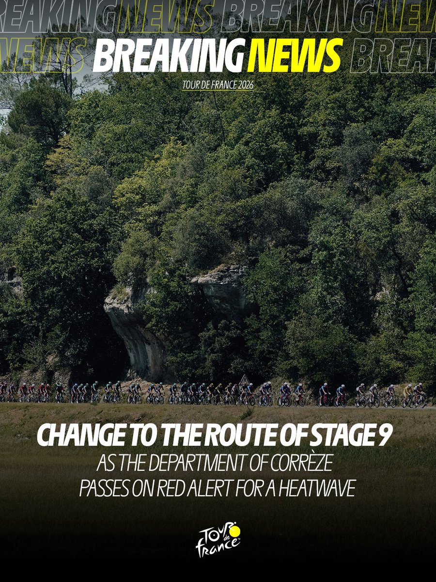 LeTour's tweet photo. ⚠️ Change to the route of Stage 9 as the department of Corrèze passes on red alert for a heatwave ⚠️

Météo-France has placed the department of Corrèze on red alert due to an exceptionally intense heatwave. 

In light of this, it has been decided to adjust the route of Stage 9 of the Tour de France, from Malemort to Ussel, on Sunday 12 July 2026. 

This decision has been made necessary by the exceptional weather conditions. It aims to ensure that the race can take place under conditions compatible with the red heatwave alert.

Consequently, it has been decided that:
•    the route for Stage 9 will be reduced to 155.5 km, compared with the 185.5 km originally planned, representing a shortening of 30 km
•    the start is scheduled for 1.45 pm
•    he change to the route means the race will divert from the original route in the neutral zone, taking the D921 and heading from Brive-la-Gaillarde straight to Lanteuil, 147.8 km from the finish in Ussel
•    the riders are now expected to finish at around 5.30 pm.

Information regarding this route change, including its impact on traffic and road closures, is available on the website of the government offices in Corrèze.

All government offices, local authorities, security forces, emergency and health services, accredited civil protection organisations, volunteers and other stakeholders remain fully committed to ensuring that this stage runs smoothly.

In these exceptionally hot conditions, everyone is urged to take the necessary precautions to protect themselves and the most vulnerable members of the community. It is recommended to drink plenty of fluids regularly, reduce physical activity during the hottest part of the day, and follow the guidance issued by the authorities. In case of an emergency, call 15 or 112.