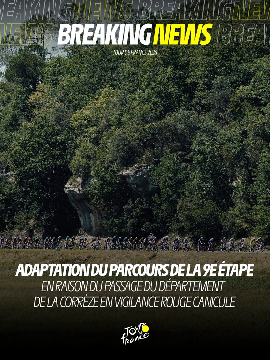 LeTour's tweet photo. ⚠️ Adaptation du parcours de la 9ᵉ étape en raison du passage du département de la Corrèze en vigilance rouge canicule ⚠️

Météo-France a placé le département de la Corrèze en vigilance rouge canicule en raison d'un épisode de chaleur d'une intensité exceptionnelle.
Dans ce contexte, il a été décidé d'adapter le parcours de la 9ᵉ étape du Tour de France, reliant Malemort à Ussel, le dimanche 12 juillet 2026.
Cette décision est rendue nécessaire par les conditions météorologiques exceptionnelles. Elle vise à permettre le déroulement de l'épreuve dans des conditions compatibles avec le niveau de vigilance rouge canicule.

En conséquence, il a été décidé que :
•le parcours de la 9ᵉ étape est réduit à 155,5 km, contre 185,5 km initialement prévus, soit un raccourcissement de 30 km ;
•le départ est prévu à 13h45 ;
•après le défilé dans Brive-la-Gaillarde, la course quittera l'itinéraire initial pour emprunter la D921, avant de retrouver le parcours prévu sur la commune de Lanteuil, à 147,8 km de l'arrivée à Ussel ;
•l'arrivée des coureurs est désormais prévue aux alentours de 17h30.

Les informations relatives à cette modification de parcours, notamment les incidences sur la circulation et les fermetures d'axes, sont consultables sur le site internet des services de l'État en Corrèze.

L'ensemble des services de l'État, des collectivités territoriales, des forces de sécurité, des services de secours et de santé, des associations agréées de sécurité civile, des bénévoles et des acteurs mobilisés restent pleinement engagés pour assurer le bon déroulement de cette étape.

Dans ce contexte de fortes chaleurs, chacun est invité à adopter les bons réflexes afin de se protéger et de protéger les personnes les plus vulnérables. Il est recommandé de s'hydrater régulièrement, de limiter les efforts aux heures les plus chaudes et de suivre les consignes diffusées par les autorités. En cas d'urgence, appeler le 15 ou le 112.⚠️