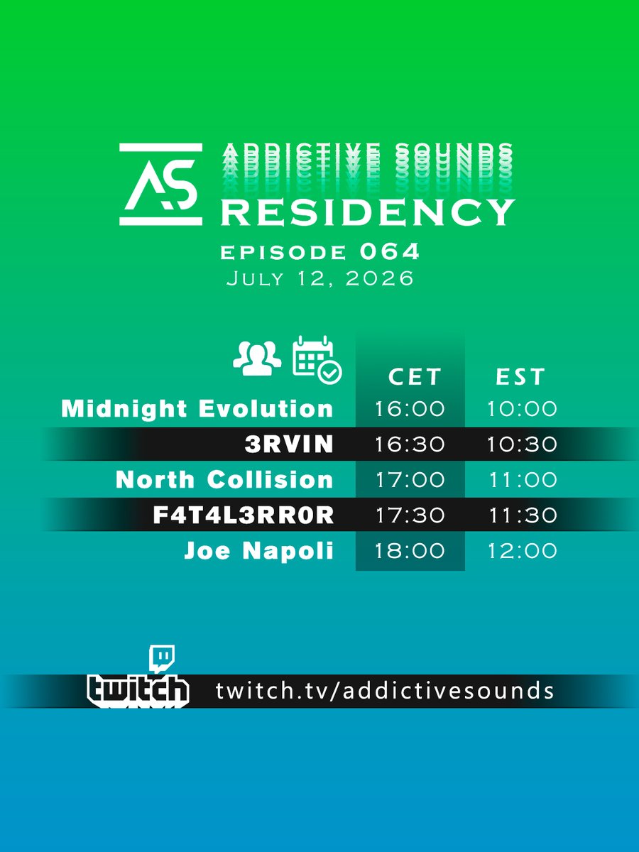 as_recordlabel's tweet photo. #ASResidency 064 goes on air tomorrow 16:00 CET with exclusive mixes from Midnight Evolution, @3rvinmusic, North Collision, @f4t4l3rr0rmusic and @JoeNapo! 🎶🎶🎶

Subscribe and join the broadcast:
https://t.co/Kd65KUoMIb 📌 https://t.co/E5CkdSDoXB
