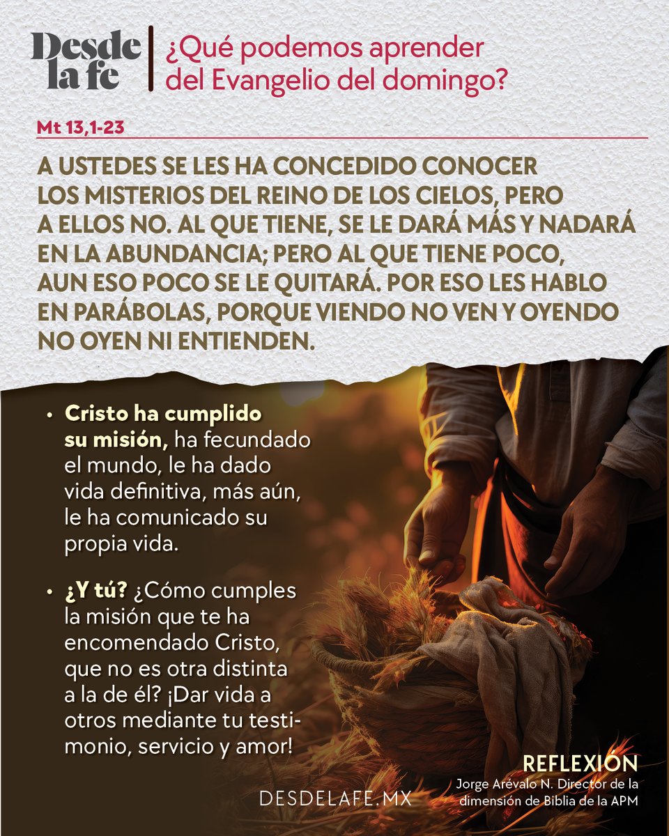 DesdeLaFeMx's tweet photo. Escuchar a Jesús no basta; hay que vivir su Palabra. 📖
Que nuestro testimonio sea la mejor semilla del Evangelio.

Lee la reflexión completa en: https://t.co/lNOhgEPMfT

#lecturas #domingo #misa #reflexion https://t.co/Ku6LlbAiwM