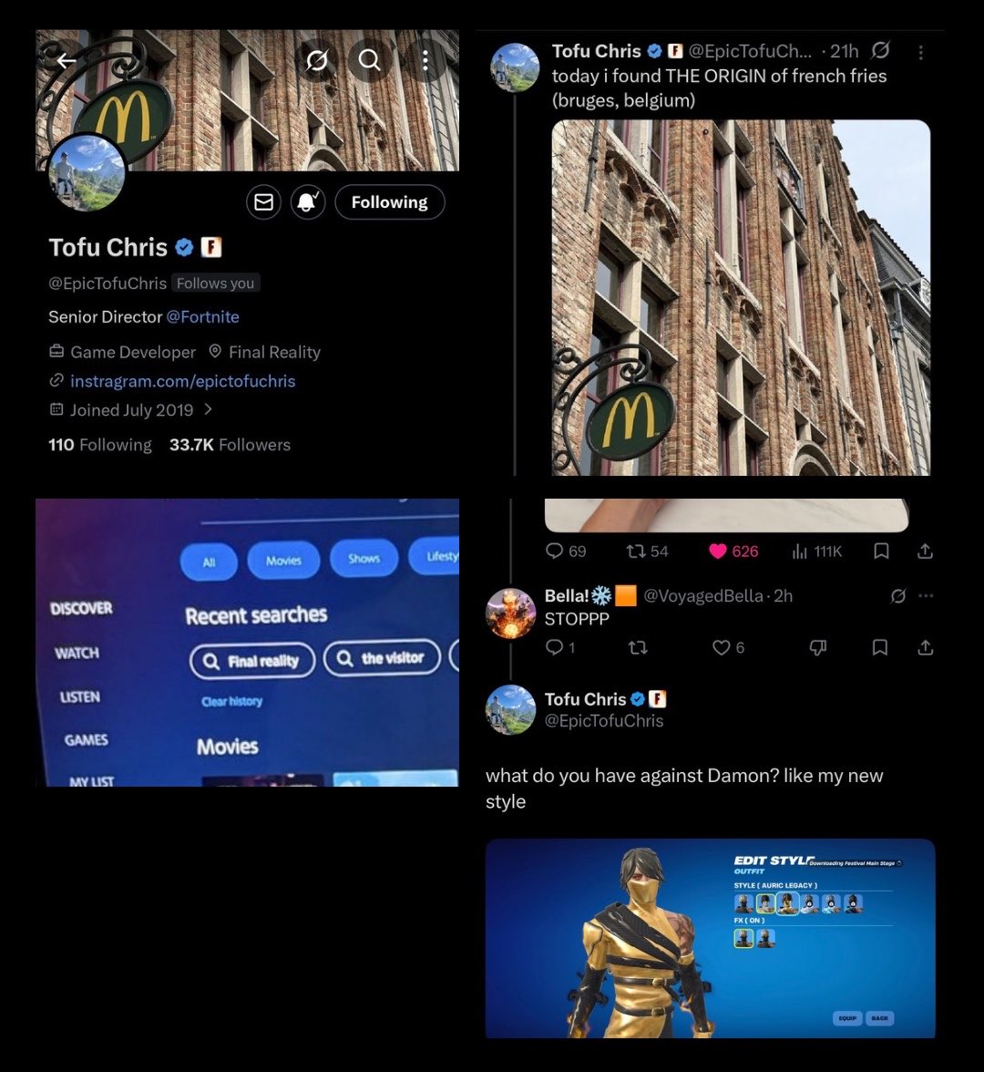 Rezztro's tweet photo. Alright, Chris is getting a bit TOO suspicious now… 👀

He’s teasing this “Final Reality” along with The Origin, The Visitor and seemingly Geno who are connected to it. Currently there are two Seven totems on the Island of THE VISITOR & THE ORIGIN.

I wonder if Reality: 266 is this “Final Reality” and will be the last remaining world once Geno finally achieves his vision of a perfect world. Or the “Final Reality” could be another way to refer to the Last Reality since Last and Final have similar meanings. I’m really curious to see where this is all going to go. 🤔

#Fortnite