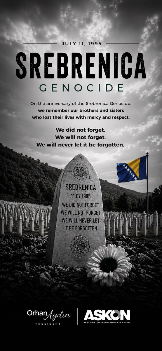 ASKONintl's tweet photo. 31 years ago today, on 11 July 1995, thousands of innocent lives were lost in the crime against humanity committed in #Srebrenica. We have not forgotten, and we never will. 

We remember our martyred brothers and sisters with mercy, gratitude, and profound respect.🇹🇷🇧🇦 https://t.co/I6xdwNw0nY