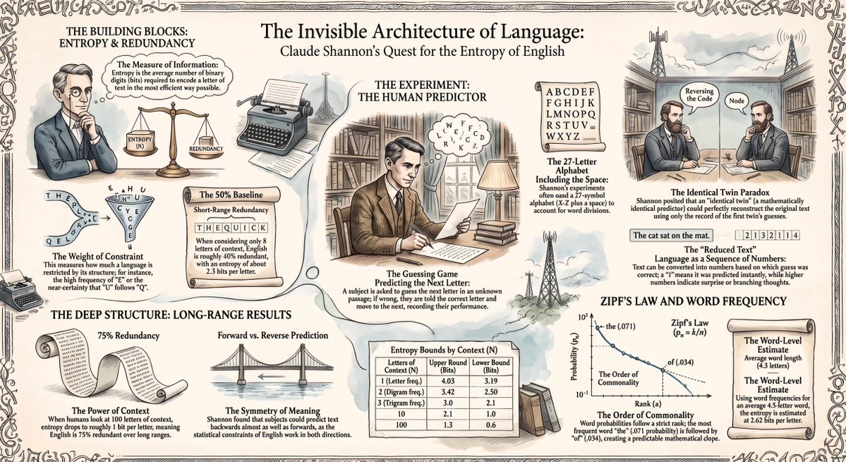 niraj078's tweet photo. How Predictable is English language? Claude Shannon's Groundbreaking Entropy Experiments. #shannon #entropy https://t.co/HpqNNYxMGd