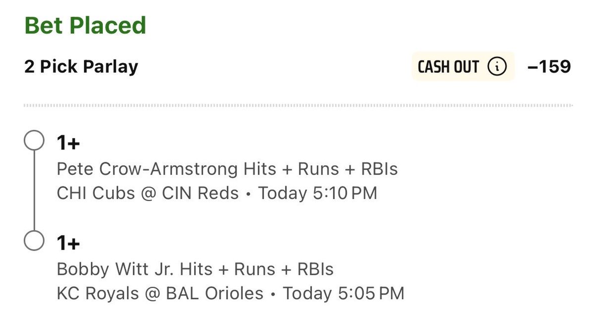 ParlayPredicts's tweet photo. ⚾️ The Daily Two Leg™️ 

📈 We are a HISTORIC 6-0 with this Series! Can we make it 7-0 tonight? 🤯

Bobby has recorded 1+ HRR in his last 20/22 games. He faces Kyle Bradish, whom he’s 1-3 lifetime against. Great matchup here. 

PCA is over this line in his last 18/20 games. Coming off an 0-4 game, I like him to bounce back today. He faces Nick Lodolo, whom he’s 4-9 against his career.