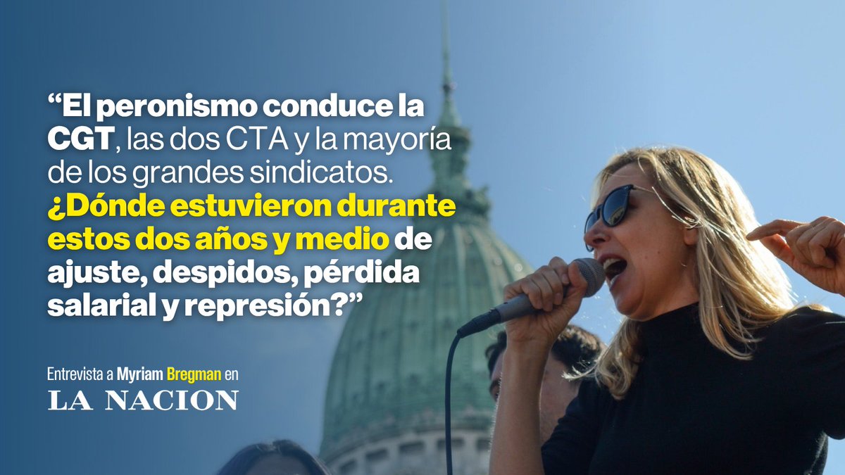 PTSarg's tweet photo. 💬 "Desde que asumió Milei insistimos en que había que coordinar la pelea en la calle. Fue imposible. Después aparecen los discursos sobre la unidad, pero durante todo este tiempo no estuvieron donde había que estar".

👇🏼 Lee entrevista completa a @myriambregman en @LANACION