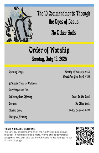 EdRudiger's tweet photo. The Program and Bulletin for the SPC Worship Service - Sunday, July 12, 2026
#Bulletin #FirstCommandment #NoOtherGods #program #The10CommandmentsThroughtheEyesofJesus #worshipservice
https://t.co/hbICp09vXm https://t.co/BGNMR8UHxI