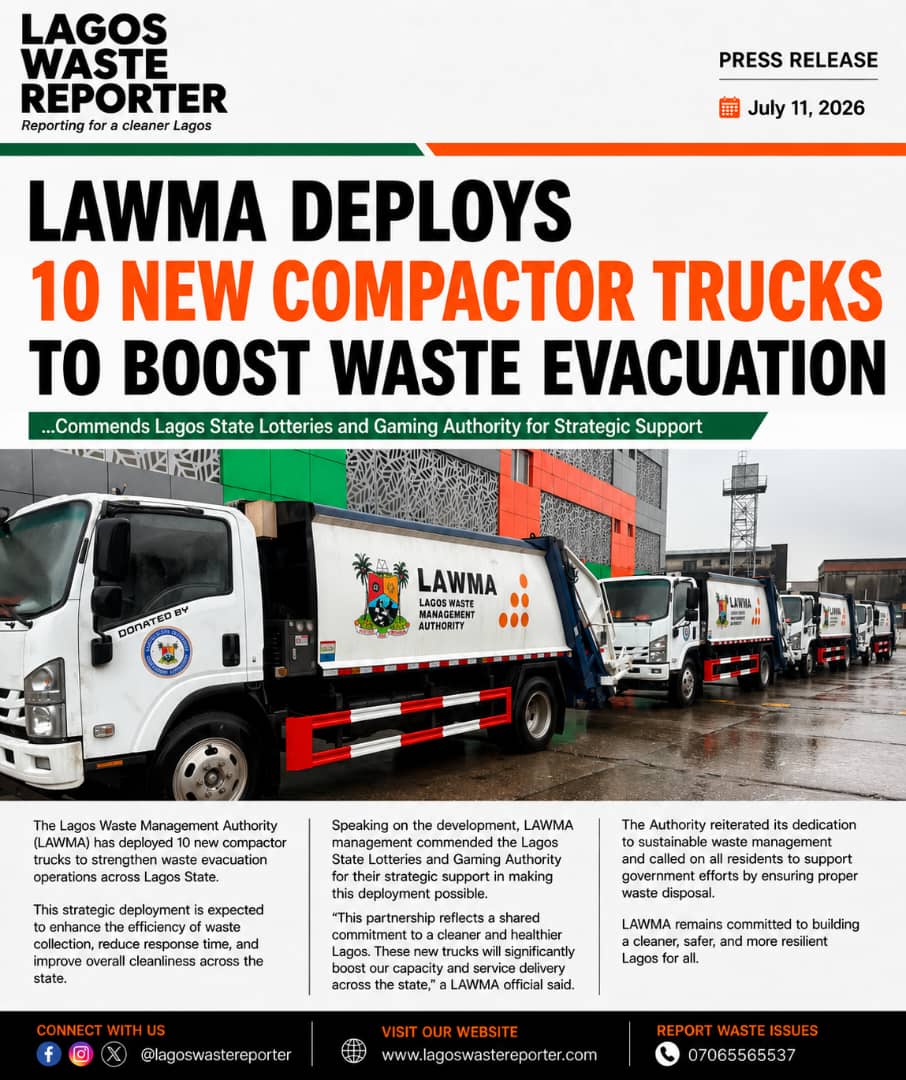 LagosWaste's tweet photo. LAWMA DEPLOYS 10 NEW COMPACTOR TRUCKS TO BOOST WASTE EVACUATION

...Commends Lagos State Lotteries and Gaming Authority for Strategic Support

The Lagos Waste Management Authority (LAWMA) has deployed 10 new compactor trucks to strengthen waste evacuation operations across Lagos State.

Speaking at the deployment of the trucks, the Managing Director/Chief Executive Officer of LAWMA, Dr. Muyiwa Gbadegesin, (@muyiwag )expressed appreciation to the Lagos State Lotteries and Gaming Authority (LSLGA) for donating the vehicles, describing the gesture as a demonstration of the Lagos State Government's commitment to strengthening public service delivery through strategic inter-agency collaboration.

He noted that the additional compactors would significantly boost the Authority's fleet, enhance operational efficiency and improve service delivery.

He said: "This generous donation reinforces our capacity to deliver more efficient and reliable waste management services to Lagosians. As our population continues to grow, investments in critical operational assets such as these are essential to improving service delivery and sustaining a cleaner, healthier and more liveable city."

He emphasized that the donation underscored the importance of collaboration among government institutions in addressing environmental challenges, as sustainable waste management requires continuous investment in modern equipment, innovation, and strategic partnerships.

"Environmental sustainability is a shared responsibility. We commend the Lagos State Lotteries and Gaming Authority for this timely intervention and for supporting our ongoing efforts to strengthen waste management operations. Together, we are building a cleaner, healthier and more resilient Lagos", he added.

The LAWMA boss disclosed that the new compactors had been strategically deployed to critical operational corridors to complement the Authority's existing fleet and improve waste collection efficiency across the State.

He assured residents that LAWMA would continue to optimize available resources, strengthen waste evacuation operations, intensify the enforcement drive, and deepen community engagement in pursuit of a cleaner and sustainable Lagos.

Dr. Gbadegesin also encouraged other public institutions and corporate organizations to partner with LAWMA to advance environmental sustainability through strategic investments that can enhance waste management infrastructure and service delivery.

He reaffirmed LAWMA's commitment to deploying modern equipment, embracing innovation, and strengthening partnerships to meet the waste management needs of Africa's fastest-growing megacity.

@jidesanwoolu 
@tokunbo_wahab 
@muyiwag