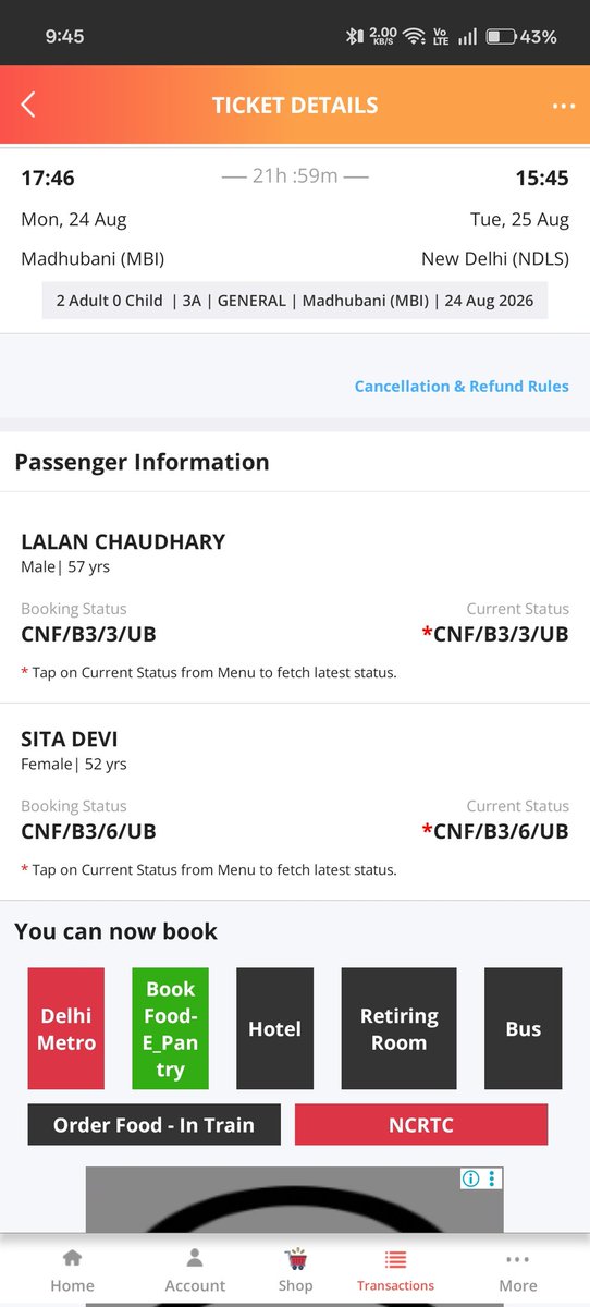 hazardous_Gamer's tweet photo. Hi @IRCTCofficial @RailwaySeva 

Please take hesitation how can you issue UPPER BERTH to an 53 OLD Female and 57 Years OLD Male, 

You have any sense and what's going on there? In 83 Available Berths You only Issued 2 Upper Berth Seats 🤷

Be Logical Yr https://t.co/lmCzcRxTK8