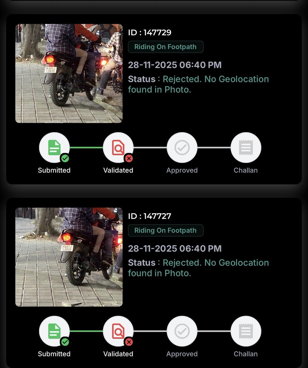 Harshithavvr's tweet photo. .@TVMohandasPai sir there has been a drastic increase in such violations. 
But BTP #ASTram app does not have built in GPS camera. By the time we capture with geo tagged photo, violator would have passed. Pls see report that had valid violation but no action taken @blrcitytraffic https://t.co/4Y777wsBeP