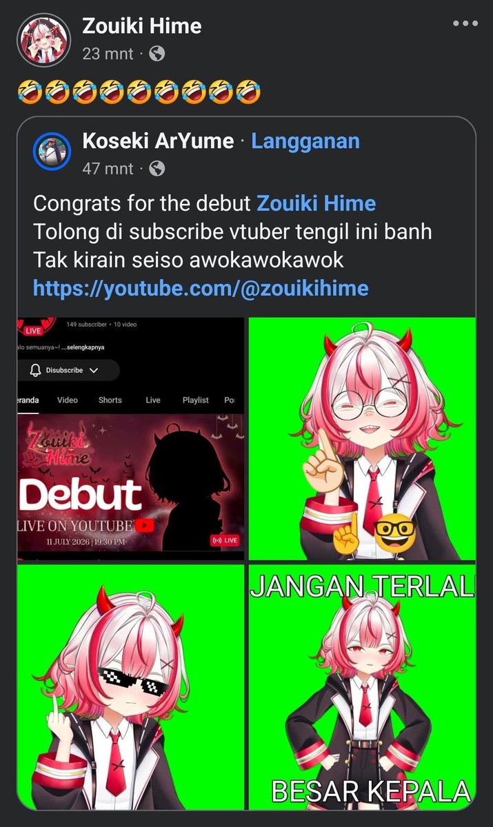 zouikihime09's tweet photo. Baru debut, udah ada meme nyaa
😭😭😭😭😭😭

#vtuberid #newvtuber #vtuberindonesia #memevtuber https://t.co/mdApQCZAWR