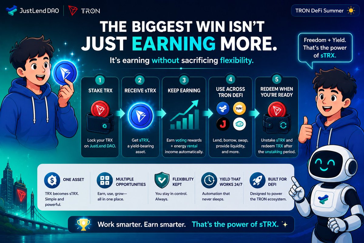 Titiricca's tweet photo. The biggest win isn't just earning more.

It's earning without sacrificing flexibility.

Stake → Receive sTRX → Keep earning → Use it across DeFi → Redeem for TRX when you're ready.

One asset.
Multiple opportunities.
That's why sTRX stands out. 🔥 https://t.co/igfL4CySdA
