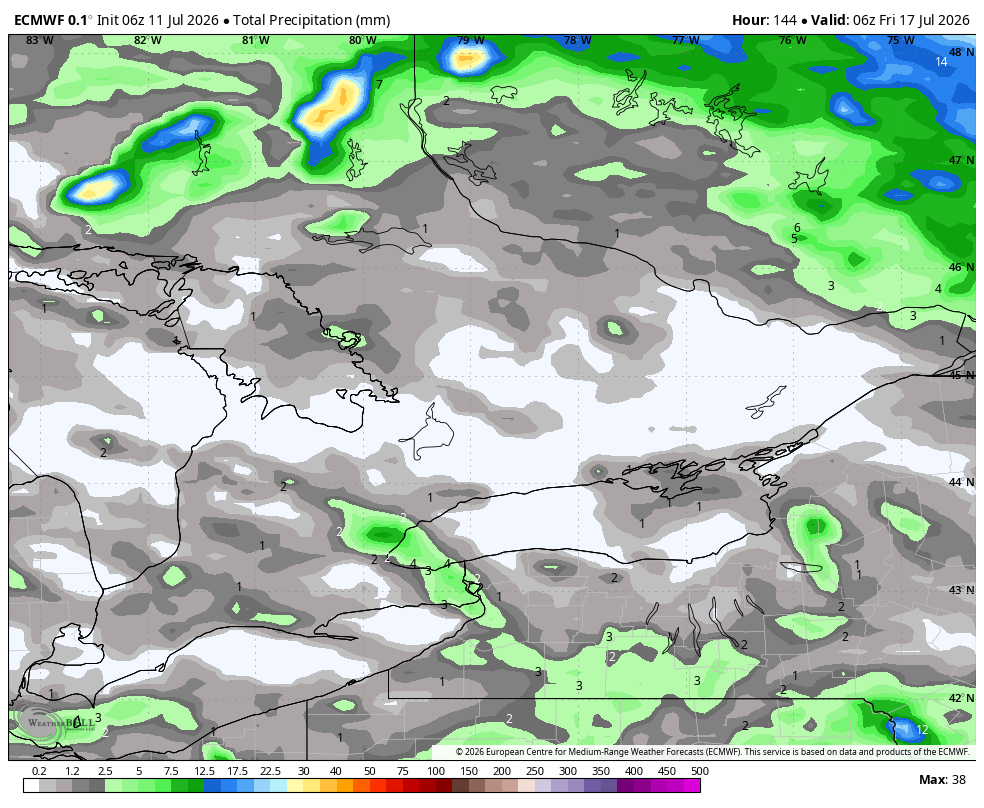 WxOntario1's tweet photo. Another dry stretch of weather is on the way to Southern #Ontario 

As the heat dome/ ridge out west shifts eastward, it will block any chances at rain/ storms across the region

The next 7 days look very dry with little to no rainfall expected for most

#OnWX #ONStorm #OntAg https://t.co/WMZaw76Myy