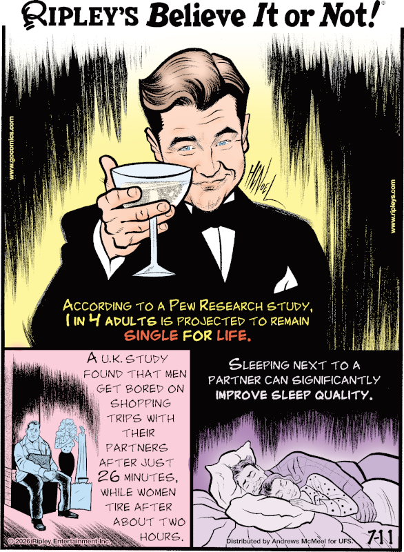 Ripleys's tweet photo. According to a Pew Research study, 1 in 4 adults is projected to remain single for life. 

Catch our daily cartoon here.👇 https://t.co/voNfzz1Gi4 https://t.co/zaFnYk2ya0