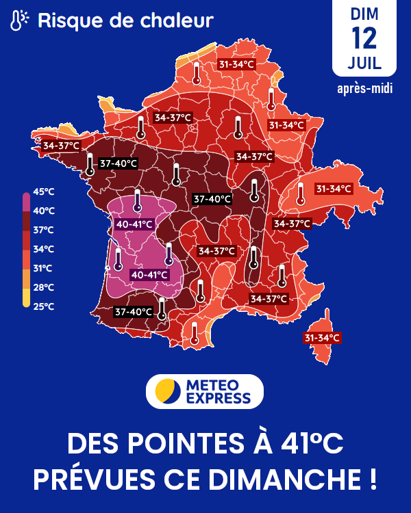 MeteoExpress's tweet photo. 🥵 La canicule monte encore d'un cran ce dimanche avec 40-41°C prévus des Landes au Poitou ! ➡ https://t.co/3SZnwKD8sF https://t.co/iCPxKdh9Kg