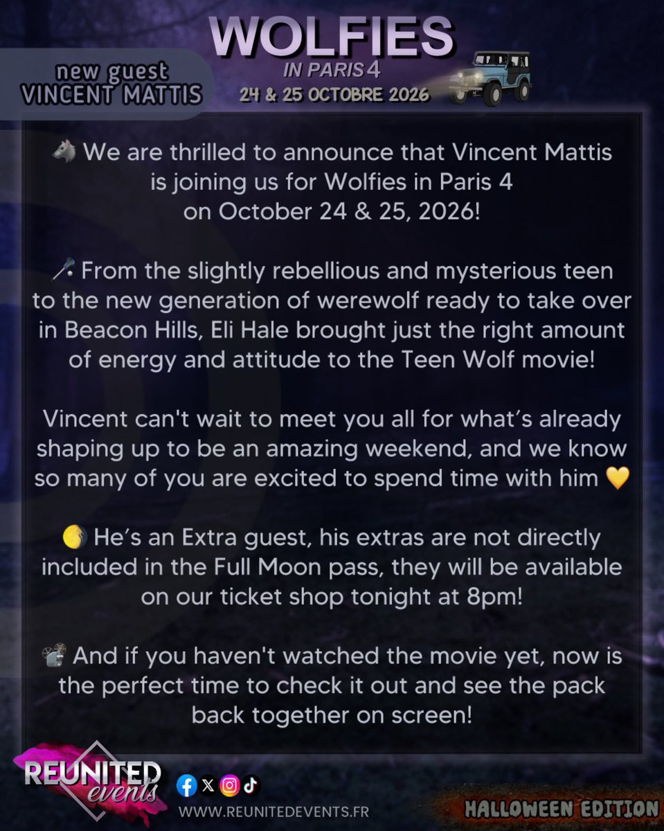 Reunited_Events's tweet photo. #WIP4 🐺 On est ravies de vous annoncer que Vincent Mattis nous rejoint pour Wolfies in Paris 4, les 24 &amp; 25 octobre 2026🥍
// 🌖 We are thrilled to announce that Vincent Mattis is joining us for Wolfies in Paris 4 on October 24 &amp; 25, 2026! https://t.co/uV4lqFYHw3