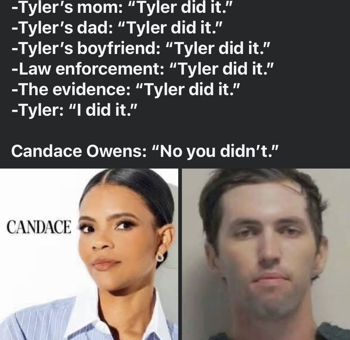 RobinReichman1's tweet photo. You guys Tyler didn’t kill Charlie he’s just pretending he did you know going along with it all @RealCandaceO 
Right CandyO ?
He placed himself on the roof confessed to parents who turned him in. He told Tran lover he regrets it. 
Facing death penalty but he’s innocent although going along with it. 
Right CandyO?