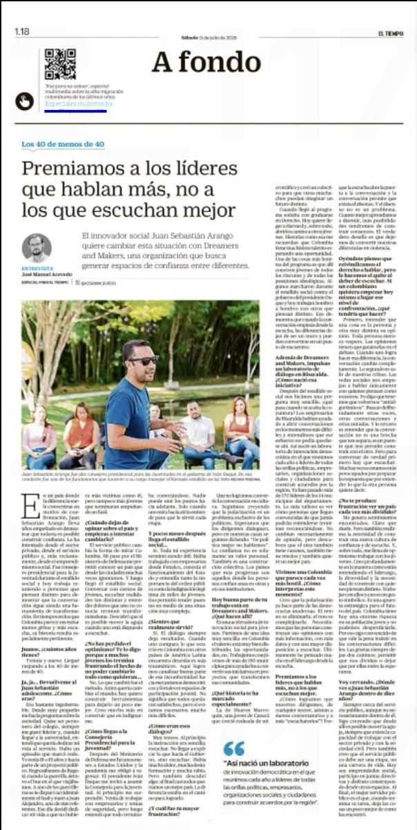 IvanDuque's tweet photo. En esta entrevista para @ELTIEMPO con @JoseMAcevedo, Juan Sebastián Arango (@JuanSeArangoC), quien fue consejero presidencial para la Juventud durante nuestro gobierno, destaca el propósito de Dreamers & Makers de @fimasd_org: formar líderes que construyan confianza, promuevan el diálogo, encuentren soluciones a los grandes desafíos y lleven desarrollo a todos los territorios de Colombia.

Felicitaciones, Juan Sebastián, por hacer parte de esta nueva edición "Los 40 menores de 40", un reconocimiento que exalta el liderazgo y el impacto de una nueva generación comprometida con transformar nuestro país. Mi reconocimiento también a @JoseMAcevedo por este valioso espacio que visibiliza el talento y el liderazgo joven de nuestro país.

https://t.co/oXskPwXKDc