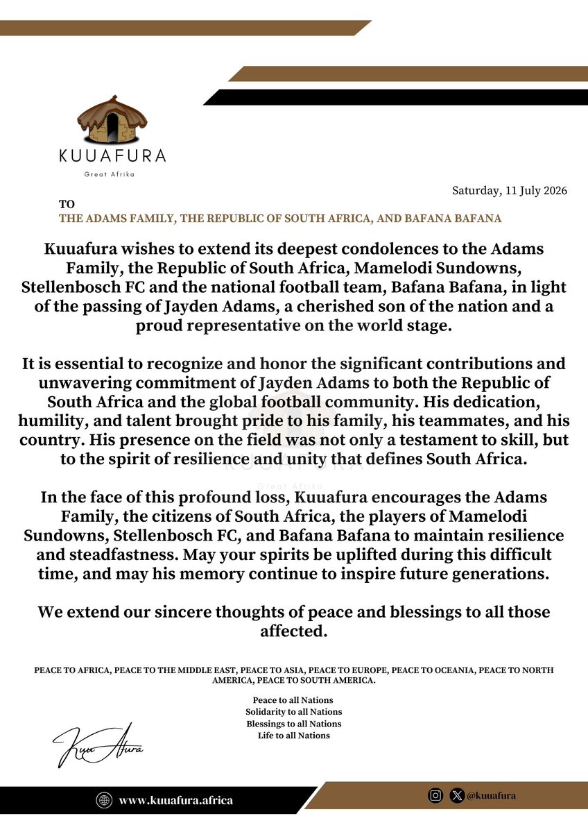 Kuuafura's tweet photo. Kuuafura wishes to extend its deepest condolences to the Adams Family. A peaceful transition Jayden Adams. https://t.co/fIMCMRRcs4
