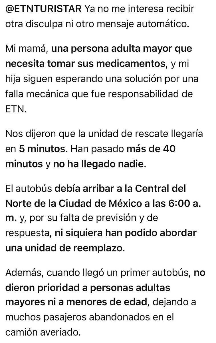 Lic_Solis's tweet photo. @ETNTURISTAR Solo me queda hacer pública la forma en que ETN está tratando a sus pasajeros, porque por los canales de atención únicamente responden con mensajes predeterminados y promesas que no cumplen.

Exijo una solución inmediata, el traslado de todos los pasajeros, una explicación. https://t.co/tweCkPbzWK