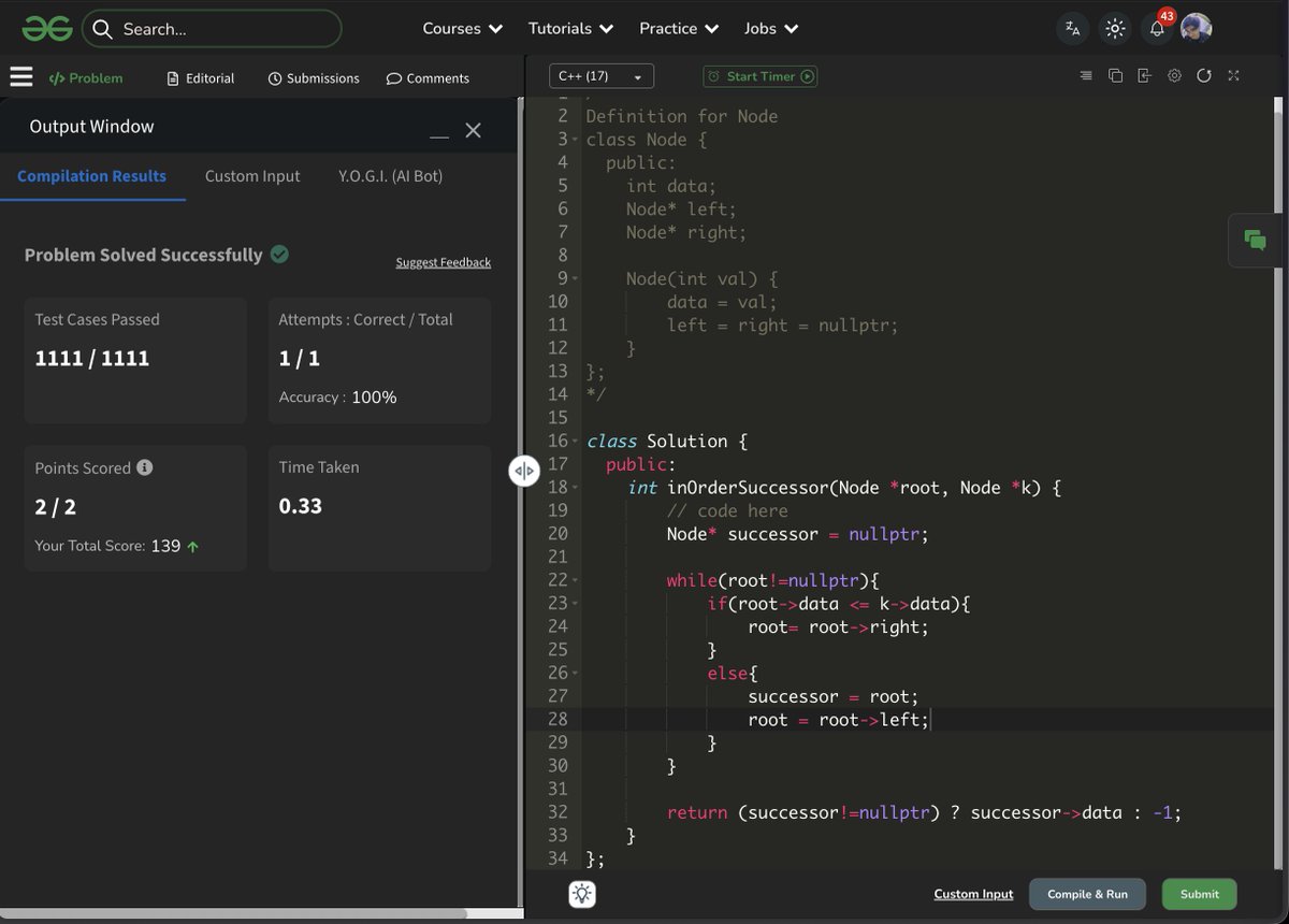 dubeytech_'s tweet photo. Day 41/45 of the #SDESheetChallenge done !! ✌️today's questions were :   
1. Construct a BST from a preorder traversal
2.Check if a tree is a BST or not
3. LCA in BST
4. Inorder successor and predecessor in BST
Solve
@takeUforward_ https://t.co/qi7htbvJd0
