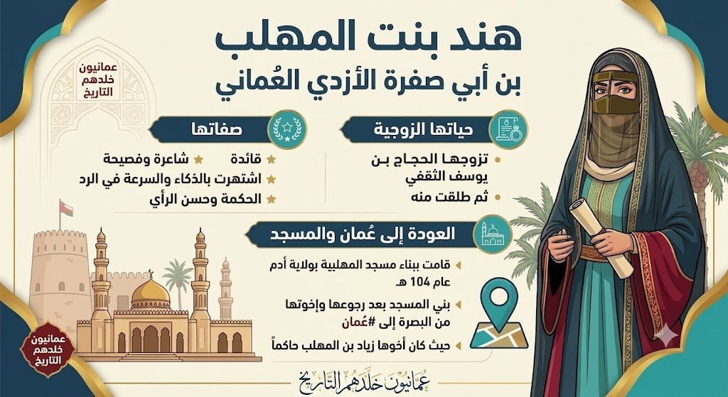 historyom1's tweet photo. هند بنت المهلب بن أبي صفرة الازدي العُماني 

🔸شاعرة وقائدة اشتهرت بالفصاحة والذكاء والسرعة في الرد والحكمة

🔸تزوجها الحجاج بن يوسف الثقفي ثم تطلقت منه

🔸قامت ببناء مسجد المهلبية بولاية #أدم عام 104 هـ بعد رجوعها وإخوتها من البصرة إلى #عُمان  حيث كان أخوها زياد بن المهلب حاكما" https://t.co/GttQdlk9bW