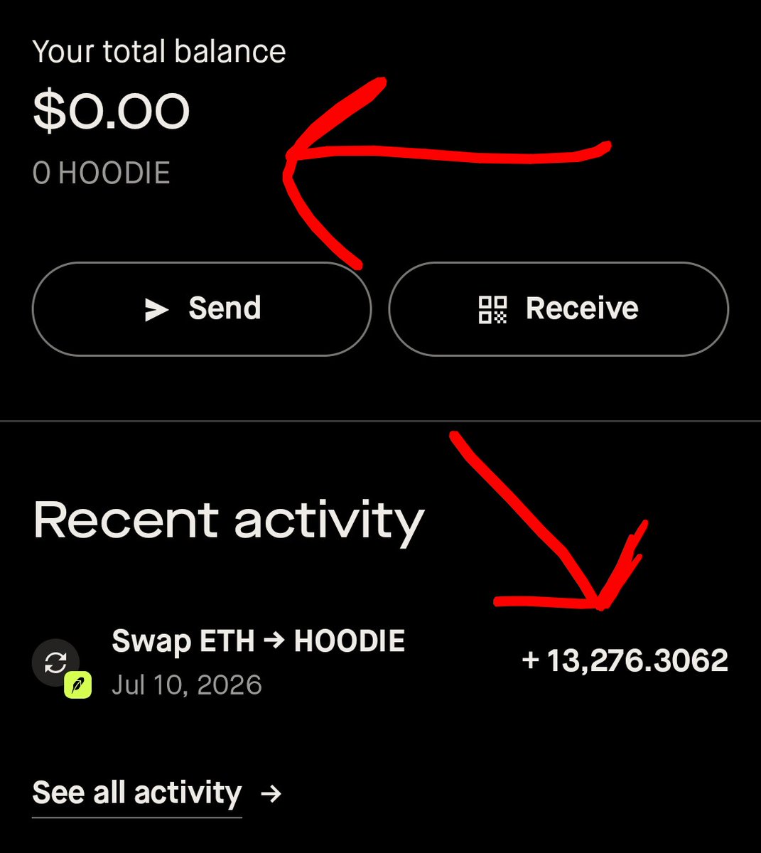 WWBitcoin's tweet photo. Warning about @RobinhoodCrypto wallet. I have been getting a lot of questions about Robinhood chain so I decided to try some things out.

I bought the top trending crypto $HOODIE, and it isn't showing up anywhere in my wallet. No evidence of a transfer. It isn't hidden in my balance either. Thus far, Robinhood support hasn't been helpful.

I'll keep you posted if anything changes.