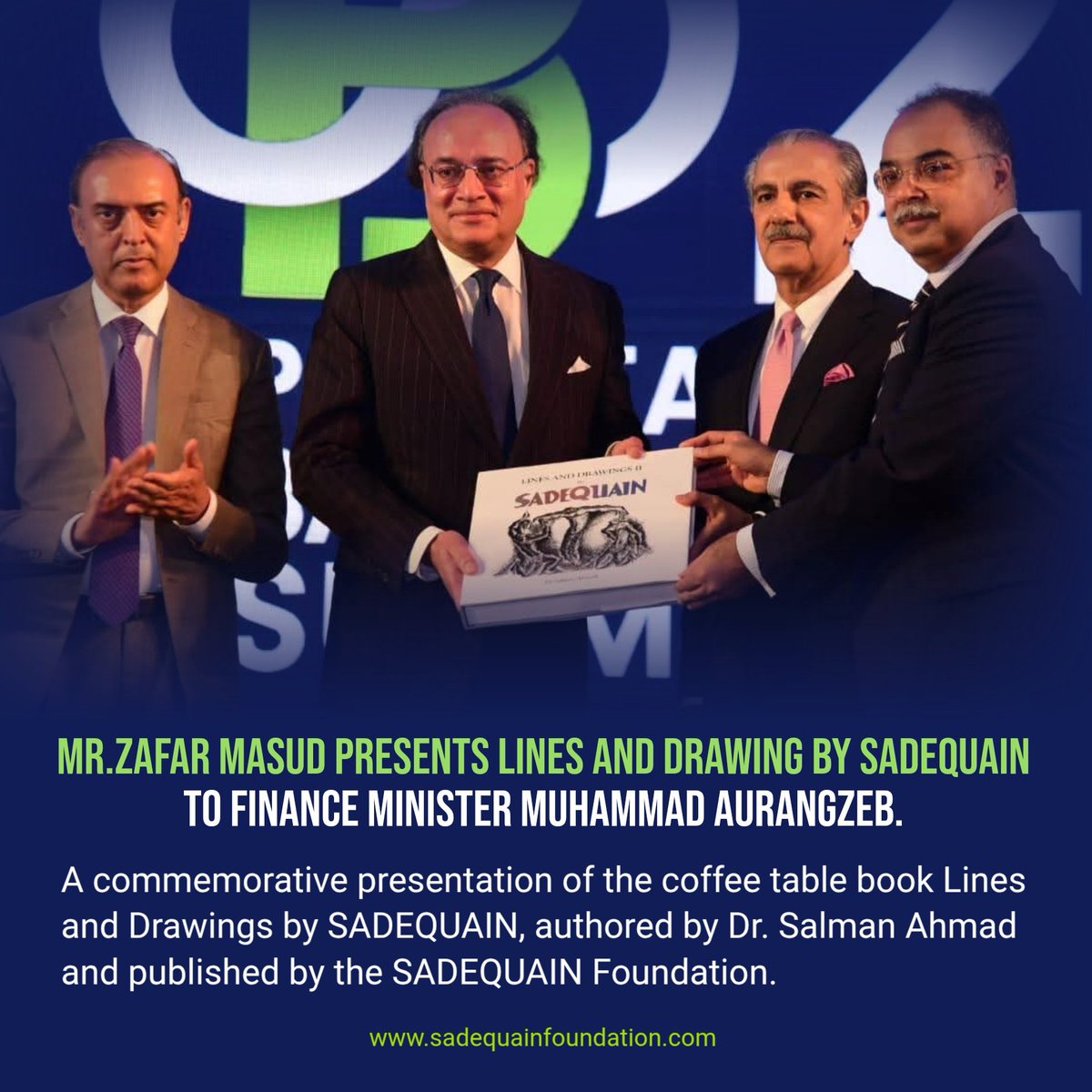 Sadequain_Naqvi's tweet photo. PBA President Zafar Masud presented the SADEQUAIN Foundation's coffee table book *Lines and Drawings* by SADEQUAIN to Federal Minister for Finance Senator Muhammad Aurangzeb, in the presence of the Governor of the State Bank of Pakistan.
#Sadequain @Financegovpk
@zafar_masud https://t.co/K4E0wN21dj