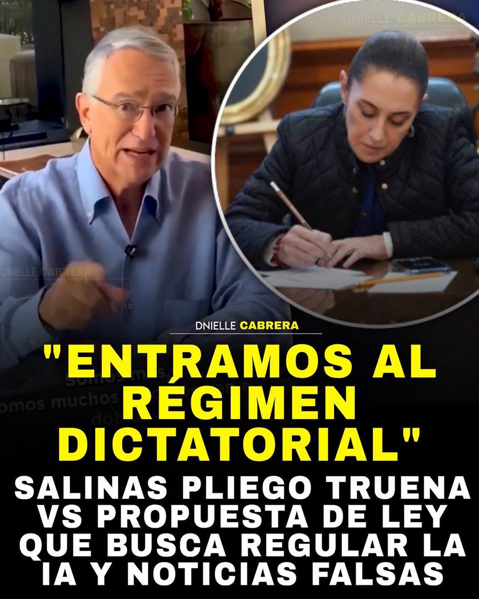 DnielleCabrera's tweet photo. 🚨🤣 TV AZTECA A PUNTO DE PERDERLO TODO!

El dueño de TV Azteca volvió a estallar contra el gobierno federal, esta vez por la iniciativa que impulsa el Senado para regular el uso de la inteligencia artificial y frenar la desinformación en redes sociales. 

Según Salinas Pliego, la propuesta es una muestra más de que México “entra a un régimen dictatorial”, repitiendo el mismo discurso que ya usó antes al calificar al gobierno de la 4T como y compararlo con Venezuela 🤣