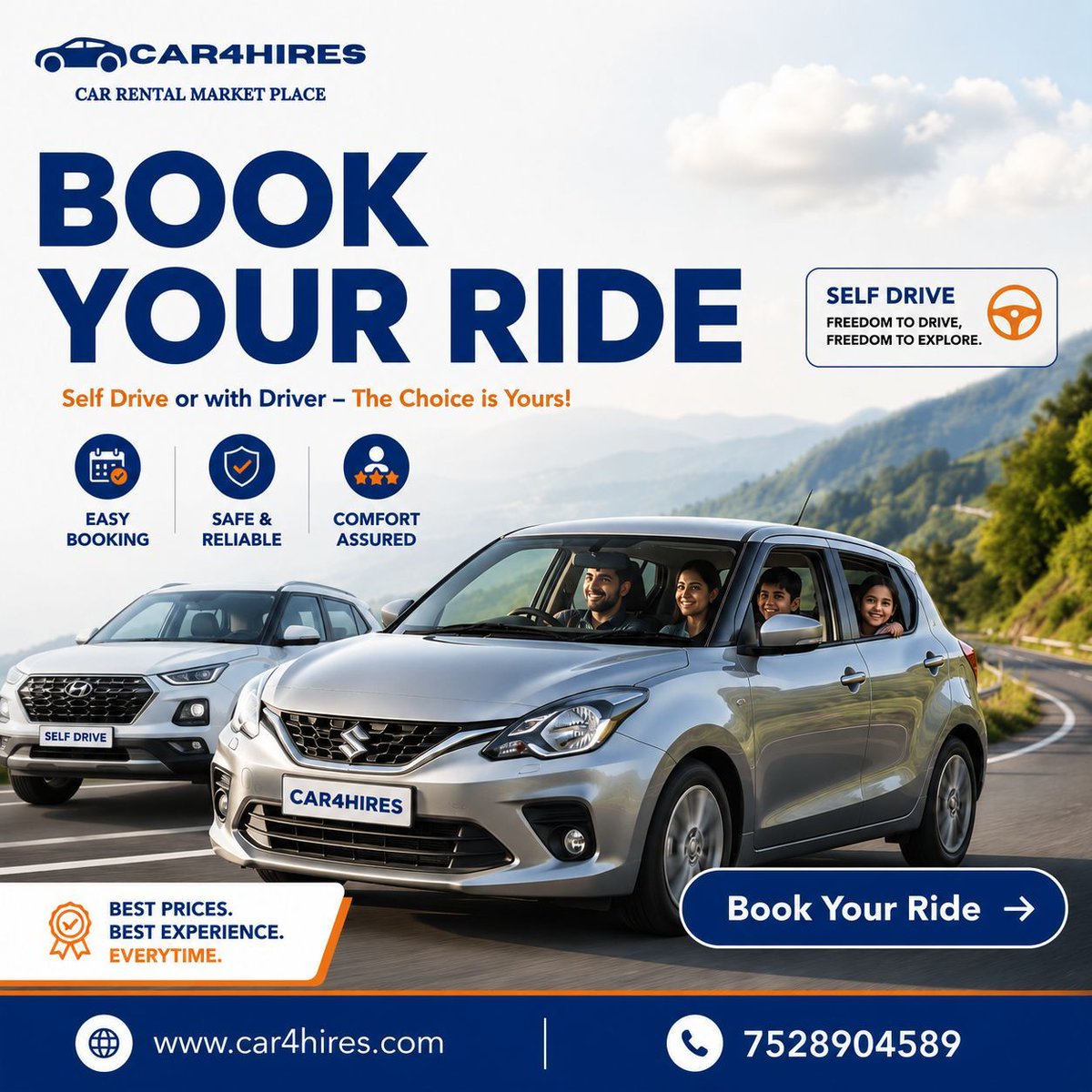 car4hires's tweet photo. 🚗 Drive Your Way with Car4Hires! 🌄
🌐 https://t.co/s8nKw4aRvo
📞 7528904589
#Car4Hires #SelfDriveCar #BookYourRide #CarRental #RoadTrip #TravelIndia #DriveYourWay #WeekendGetaway #FamilyTrip #AffordableCarRental #SelfDrive #TravelMore #ExploreMore #RentalCars #EasyBooking https://t.co/WlkHCn5hwU
