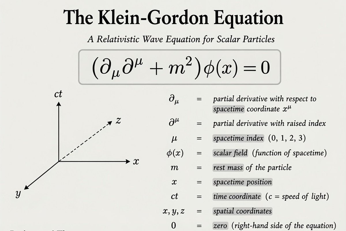 codek_tv's tweet photo. The Klein-Gordon Equation - Early quantum mechanics provided physicists with a valuable tool in the Schrödinger equation. However, it had a flaw it treated time and space very differently, even though Einstein had already shown that the universe connects them as equals. The Klein-Gordon equation was the first serious attempt to create a wave equation that respects this relationship properly, treating time and space the same way. Interestingly, Schrödinger himself discovered this equation first but abandoned it because it yielded strange results, such as negative probabilities. He chose to publish his simpler equation instead, and the relativistic version was later named after Oskar Klein and Walter Gordon, who rediscovered it.
At its core, the equation describes something called a scalar field. Think of it like a temperature map that assigns a single number to every point in both space and time, rippling and oscillating across the four-dimensional fabric of spacetime shown in the diagram. The equation states that at every point in this spacetime, the way the field curves through time and space, combined with the particle's mass acting as an anchor, must always balance perfectly to zero. This balance is what allows the field to exist as a smooth, sensible wave. This concept comes directly from Einstein's famous relationship connecting a particle's energy, momentum, and mass, rewritten in the language of waves. When physicists first tried to interpret this field as a single particle's probability wave, similar to Schrödinger's equation, two serious problems emerged. It allowed nonsensical negative energy solutions and produced negative probabilities, which makes no physical sense...