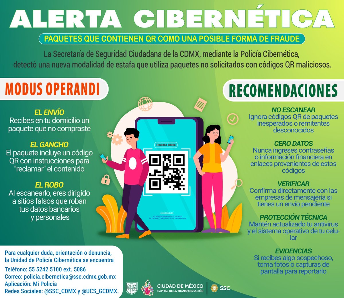 SSC_CDMX's tweet photo. #AlertaCibernética | La #PolicíaCibernética alerta a la ciudadanía de una nueva modalidad de fraude que utiliza paquetes inesperados, acompañados de códigos #QR maliciosos para obtener información personal y financiera de las víctimas. 

Con estas recomendaciones que te brindamos puedes evitar caer en este delito.👇🏻