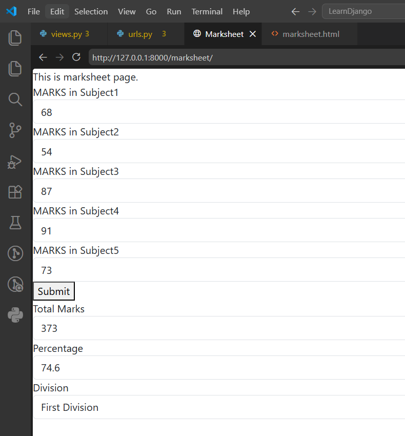 kalyaaan_d's tweet photo. #LSPPDay41
Today, I built a simple marksheet calculator using Django Forms. I took marks for five subjects, calculated the total, percentage,division and showed them. It helped me in form handling and conditional logic.
#60DaysOfLearning2026 #LearningWithLeapfrog
@lftechnology https://t.co/l2Cc3jdBDi