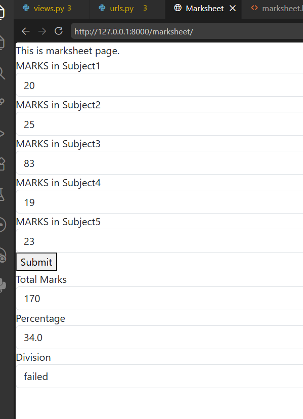 kalyaaan_d's tweet photo. #LSPPDay41
Today, I built a simple marksheet calculator using Django Forms. I took marks for five subjects, calculated the total, percentage,division and showed them. It helped me in form handling and conditional logic.
#60DaysOfLearning2026 #LearningWithLeapfrog
@lftechnology https://t.co/l2Cc3jdBDi