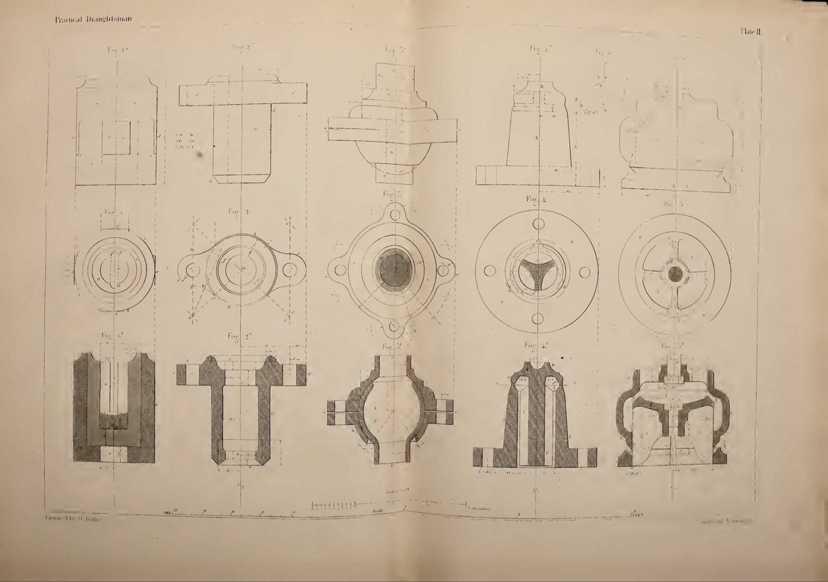Pixel0Symphony's tweet photo. William Johnson, The Practical Draughtsman’s Book of Industrial Design. 1853. 

Technical illustration on paper. https://t.co/9iKFdrVo8A