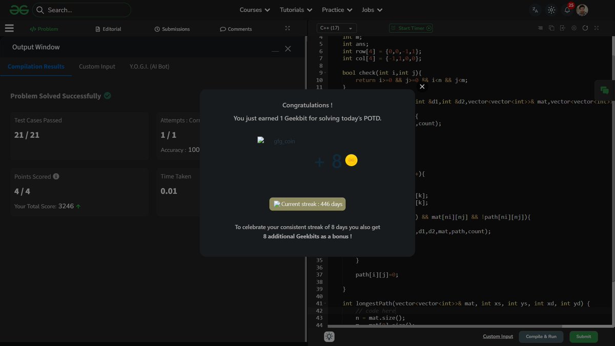 shahidx_05's tweet photo. Day 491 of #1001DaysOfCode 
Solved 5 DSA + 3 Codeforces problems 
✅ Count the Number of Complete Components
✅ Minimum Falling Path Sum II
✅ Single Number III
✅ Divide Two Integers
✅ Longest Possible Route in a Matrix With Hurdles https://t.co/uRPSwUaCTx
